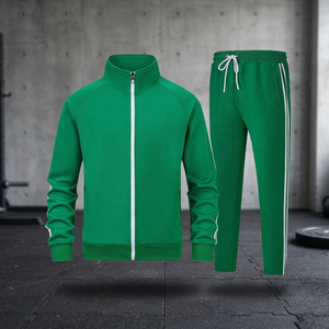 Unisex Green <b>Hooded</b> 2-in-1 Tracksuit Full <b>Zip</b> Jacket and Jogger Set Breathable Casual Solid Color Autumn Wear Teenagers - Product Image 3