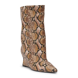 Stivaletti con zeppa in <span class=keywords><strong>pelle</strong></span> effetto serpente oversize da donna, stivali a punta con tacco alto e gambale medio. - Product Image 4