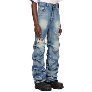 Jeans Personalizzati con Effetto Sbiadito, Strappati e Stile Street, Pantaloni in Denim Blu Stropicciati e Sovrapposti per Uomo - Product Image 2