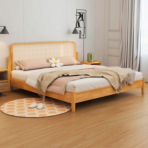 Natural Modern Solid Wood Bedroom Bed With <b>Rattan</b> Design 1.5m and 1.8m Size A17 Solid Wood Bedroom Furniture A17 - Product Image 2