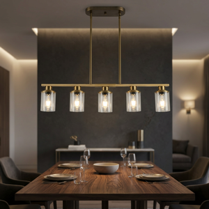 Envío Gratis desde EE. UU. Lámpara Moderna de 5 Luces Negra de Hierro Largo E26 para Isla de Cocina o Comedor con Pantalla de Cristal - Product Image 4