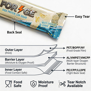 Sachets personnalisés imprimés de qualité alimentaire thermoscellables pour barres de céréales, barres protéinées, barres énergétiques, barres aux champignons, barres chocolatées, avec fermeture arrière et boîte - Product Image 2