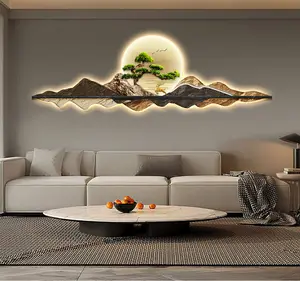 轻型豪华松树麋鹿景观水晶瓷现代玻璃壁画带客厅发光二极管家居装饰