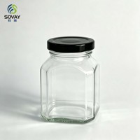 Stoples Kaca Persegi Bersegi Aman untuk Makanan 220ml dengan Tutup Ulir untuk Pengawetan Dapur dan Bisnis Pengemasan Makanan Ritel