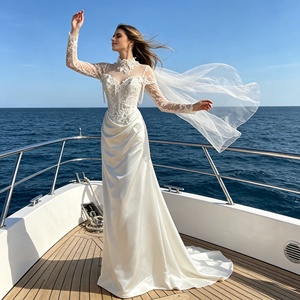 Abito da <span class=keywords><strong>Sposa</strong></span> <span class=keywords><strong>Vintage</strong></span> Francese in Pizzo Leggero, Abito da Sera di Alta Gamma per Spose, in Raso Trasparente con Coda a Sirena - Product Image 5
