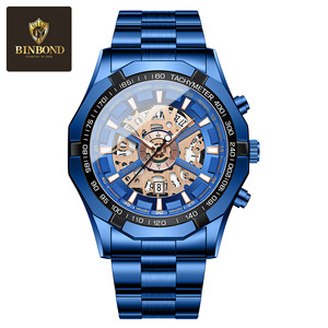 Binbond Men's Quartz Watch Blue Skeleton Dial Stainless Steel Band Tachymeter Waterproof Luminous Casual Business Watch - Product Image 5
