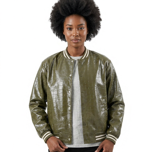 Giacca Bomber da Uomo in PU Verde Oliva con Texture Goffrata, Colletto Rovesciato, Stile Casual, Giacca in Ecopelle alla Moda - Product Image 5