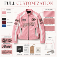Blouson en cuir de course personnalisé pour homme, rose, style pilote, avec rayures blanches et drapeau à carreaux, patch chenille, fabrication OEM, marque privée