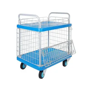 Uni-Silent 300kgs Mesh Cart Transport Kunststoff 2 Regal Schicht Doppel griff Plattform Trolley Warehouse Hand Truck US300R-T2-AM1