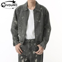 Veste en jean pour homme personnalisée, délavée à l'acide, effet éclaboussures d'encre, zippée, col rabattu, coupe courte, style streetwear, motif graffiti et taches
