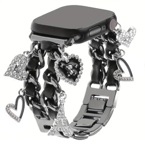 Correa de reloj de metal de doble cadena con dijes de diamantes de imitación brillantes, correa de repuesto para reloj inteligente de mujer - Product Image 2