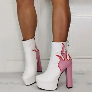 New Style Fire Print Round Toe Platform Back Zipper Fashion Women Ankle <b>Boots</b> High Chunky Heel Large Size 47 - Product Image 1