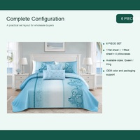 Ensemble de draps de lit 6 pièces en coton poly aqua floral 250TC pour hôtellerie, marque privée Queen King