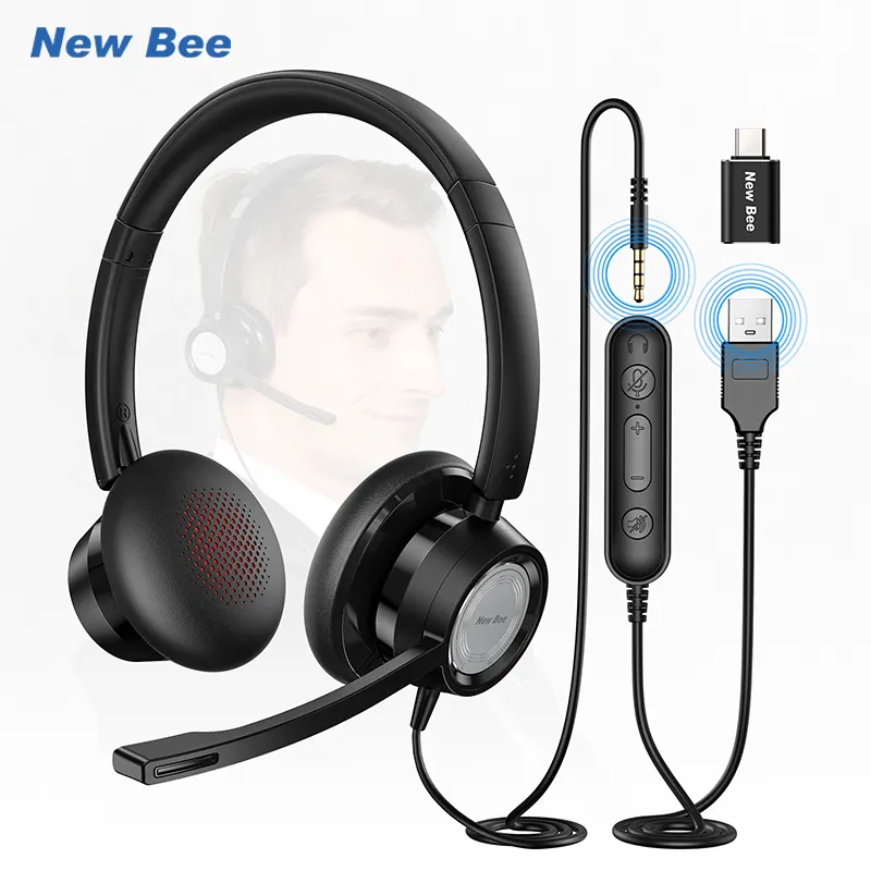 Bee H362 headphone USB kontrol In-Line, Headset pusat panggilan telepon kantor Headset telepon kawat dengan mikrofon