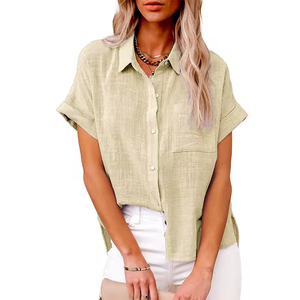 Blusas Personalizadas OEM 2026 para Mujer, Camisas de Algodón y Lino de Manga Corta con Bolsillo, Fabricante, Marca Privada, Venta al Por Mayor, ODM - Product Image 3