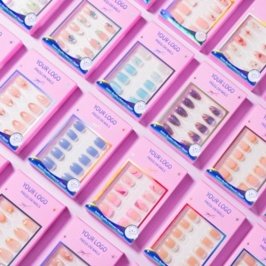 32 faux ongles à presser en ABS, rose corail ombré, forme trapèze, carrés effilés, longue durée, à coller, vente en gros - Product Image 2