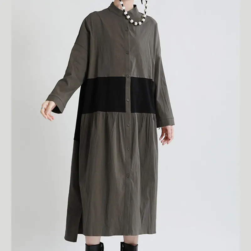 Vestido longo liso personalizado de manga comprida para mulheres, vestido maxi com camisa de cintura para primavera e verão, marca própria, 2023