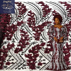 Tessuto in Pizzo Africano 3D Floreale Bordeaux con Perline Nere e Paillettes Ricamate su <span class=keywords><strong>Tulle</strong></span> per Abiti da Sposa Nigeriani - Product Image 1