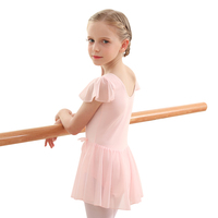Leotard Balet Anak Perempuan Lengan Flutter dengan Rok Tutu Chiffon Transparan, Stok Tersedia, Grosir, Bahan Katun Spandex, Pakaian Latihan Tari