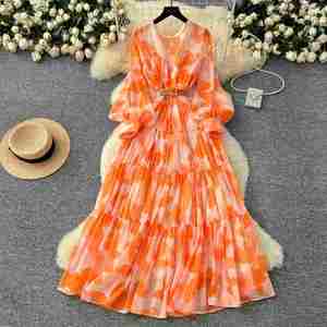 Vestido Midi Casual de Verano 2025 para Mujer, Estilo Túnica Romana Tejida con Cuello Redondo, Manga Linterna, Estampado Digital en Relieve, Poliéster/Algodón - Product Image 1