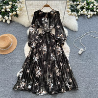Robe décontractée pour femmes à imprimé floral, manches longues, plissée, coupe trapèze, avec ceinture, élégante, pour les fêtes, les vacances, robe midi pour femmes