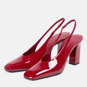 Sandalias de tacón alto y grueso para mujer, con punta cuadrada, estilo casual, con correa trasera, zapatos de oficina, de charol, con diseño recortado y slingback. - Product Image 1