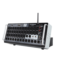 Console de mixage audio numérique professionnelle 32 canaux grise avec effets intégrés, égaliseur 3 bandes, connectivité USB/Wi-Fi, en métal et plastique