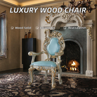 Fauteuil de salon de luxe en bois massif sculpté et cuir véritable, table d'appoint haut de gamme pour bureau à domicile et chambre d'appartement