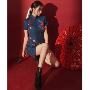 Vestido Cheongsam de moda china estilo corto Popular mejorado <span class=keywords><strong>azul</strong></span> chica joven dama de honor noche <span class=keywords><strong>Qipao</strong></span> - Product Image 5