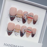 Faux ongles en amande à pois, faits à la main, 10 pièces, imprimé léopard marron, perles dorées, pack varié