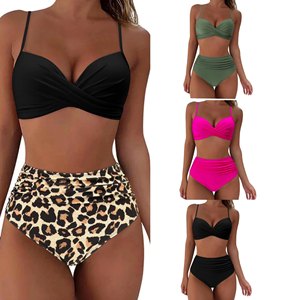Set Bikini Push-Up a Vita Alta Senza Spalline in Spandex/Poliestere Traspirante Lavorato a Maglia Tinta Unita da Donna, Stile Europeo Americano 2023 - Product Image 1