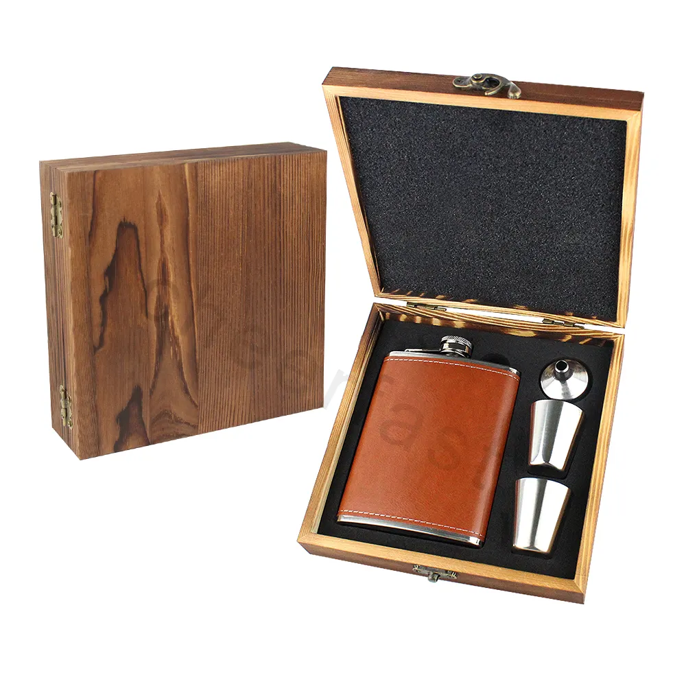 Custom 8oz black Hip Flask Gift Set And Hip Flask Stainless Steel With Wooden Gift Set And Black Stainless Steel Hip Flask