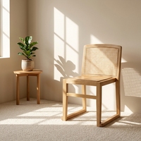 Chaise de salle à manger en rotin et bois massif, cadre carré, dossier en rotin, chaise en bois de style mid-century pour la maison, la salle à manger, le café