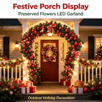 Guirlande de Noël moderne en PVC avec fleurs préservées et lumières LED pour la décoration extérieure des fêtes