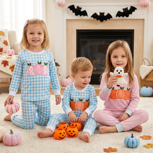 Wholesale <b>Kids</b> Girls Boys <b>Halloween</b> Pumpkin Applique <b>Pajama</b> Sets Long Sleeve Top Pants Blue Pink Plaid Striped Sleepwear Outfits - Product Image 1