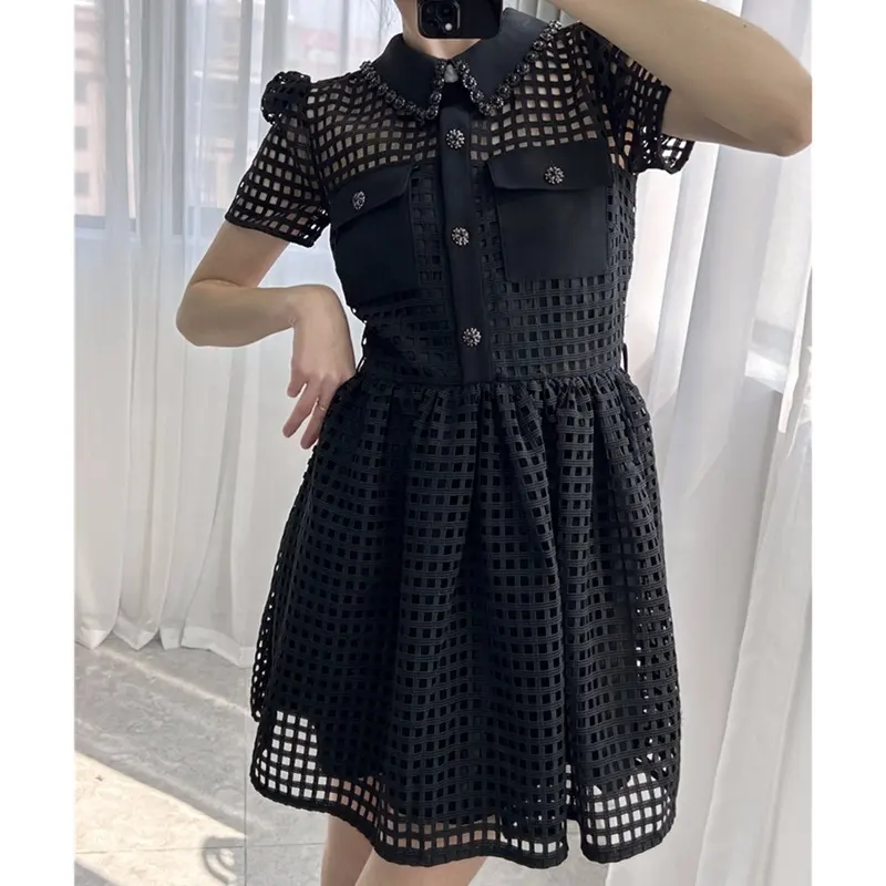 2023 Summer New French Small Fragrance Dress with Beaded Rollover Collar Slim Fit Hollow Out Black Dress