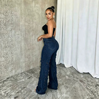 BR6718 Pantalon long décontracté en jean déchiré et vieilli à taille mi-haute pour femme - Article en stock