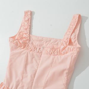 Robe longue décontractée plissée en polyester rose pour femme, bretelles spaghetti, sans col, taille naturelle – Grande Vente - Product Image 3