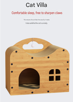 Mobilier pour animaux de compagnie : Maison-griffoir moderne en grain de bois pour chat, lit lounge concave type villa, griffoir pour chaton, jouet à suspendre à la fenêtre avec balle, vente en gros