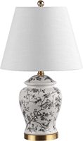 Lampe de table LED 22 pouces Gris/Blanc, en céramique et métal, style Chinoiserie, abat-jour en lin traditionnel français, finition laiton doré