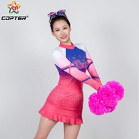 Uniforme de cheerleading personnalisé avec haut à manches longues et jupe, dégradé rose, blanc et bleu, strass, avec logo gratuit