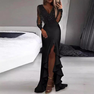 Abiti da sera vintage da donna a trapezio con maniche lunghe, vita naturale, antistatici, 100% poliestere, per feste, lunghezza maxi, OEM - Product Image 2