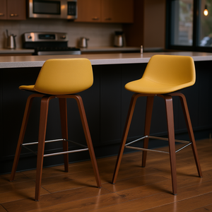 Ensemble de 2 tabourets de bar Randolph, jaune Dijon, en cuir PU, structure en bois, style Mid-Century Modern, hauteur de comptoir - Product Image 2