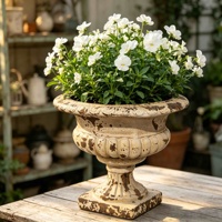 Pot Tanaman MGO Urn Planter Vintage Distressed Embossed Pedestal, Pot Bunga Rustic untuk Dekorasi Tanaman Hijau di Dalam dan Luar Ruangan