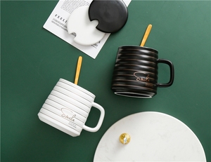 Tasse à thé en céramique de style luxueux et créatif pour la maison, 16 oz, tasse à expresso, tasse à café personnalisée avec couvercle et cuillère dorée - Product Image 3