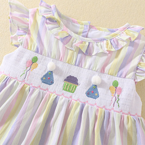 Grosir gadis kecil baju berkerut pakaian bayi perempuan Atasan katun celana pendek dua potong Set pakaian ulang tahun bergaris ungu