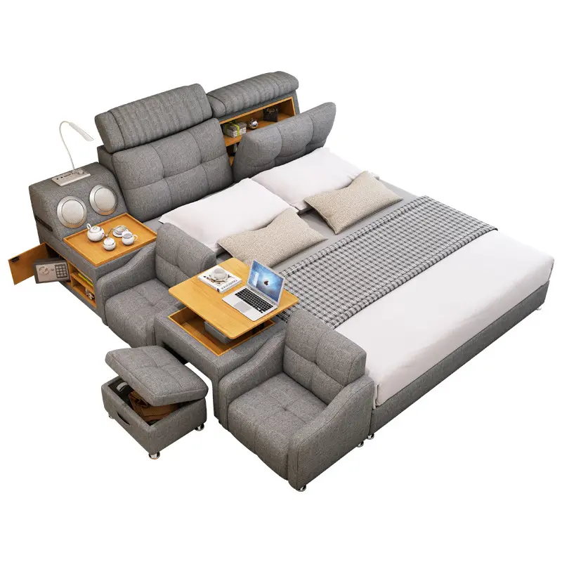 Tempat Tidur Pintar, Tatami Pijat Multifungsi Kain Kulit Lembut Penyimpanan Kamar Modern dengan Speaker