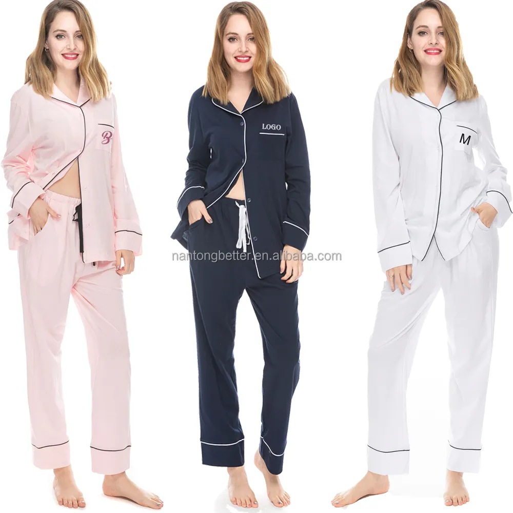 Yüksek kalite özel yumuşak pamuk örme pijama kadın pijama seti tam boy İpli PJ setleri pijama