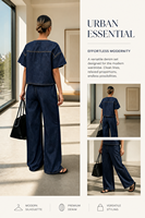 Crop top avec bretelles, ensemble deux pièces en denim brut indigo foncé vintage pour femme, détails de surpiqûres contrastées, manches courtes à nouer devant
