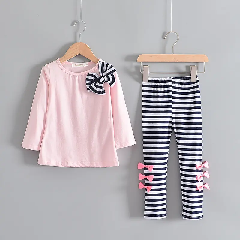 Girls clothing suit new fashion style long-sleeved striped bow design T-shirt + striped pants girls clothing